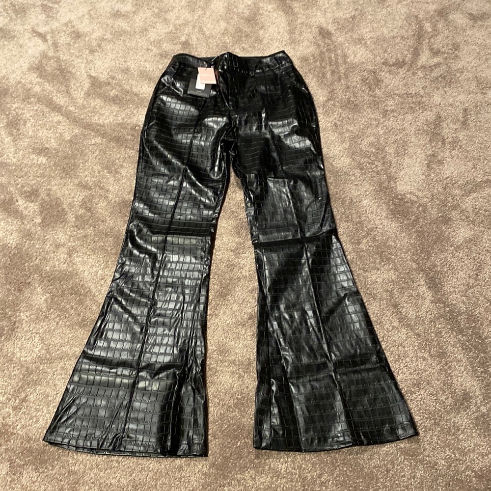 PRETTYLITTLETHING Black Pleather Croc Embossed Flare Trousers SIZE 8
